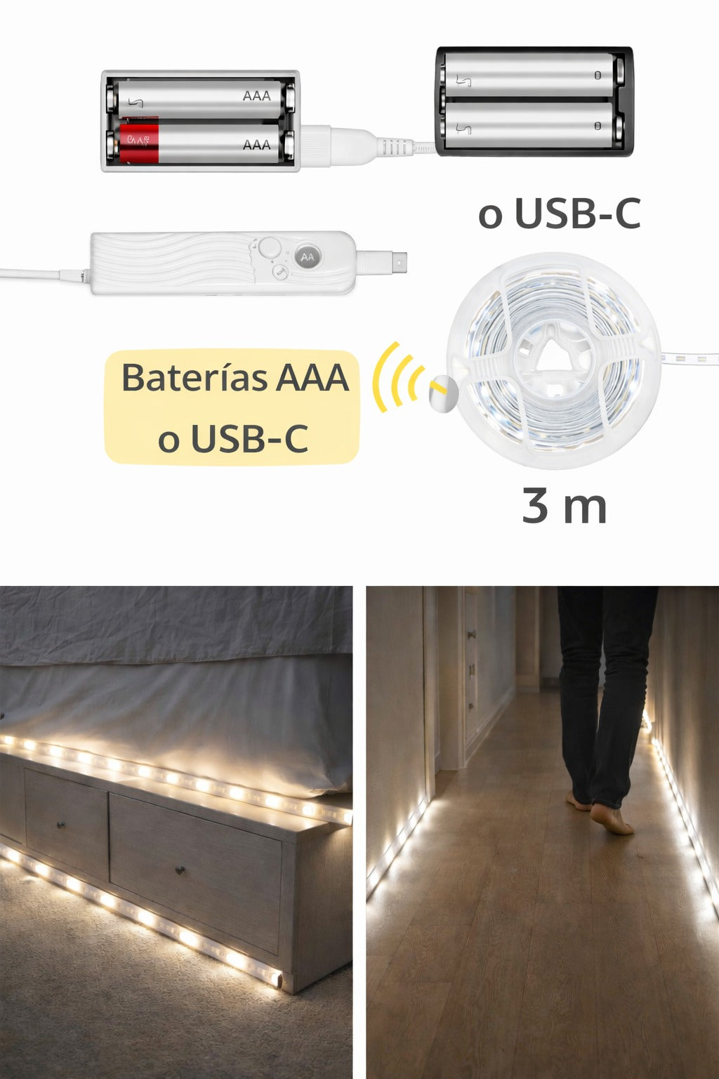 Cinta Led a Pilas de Luz Fria + Sensor de Movimiento
